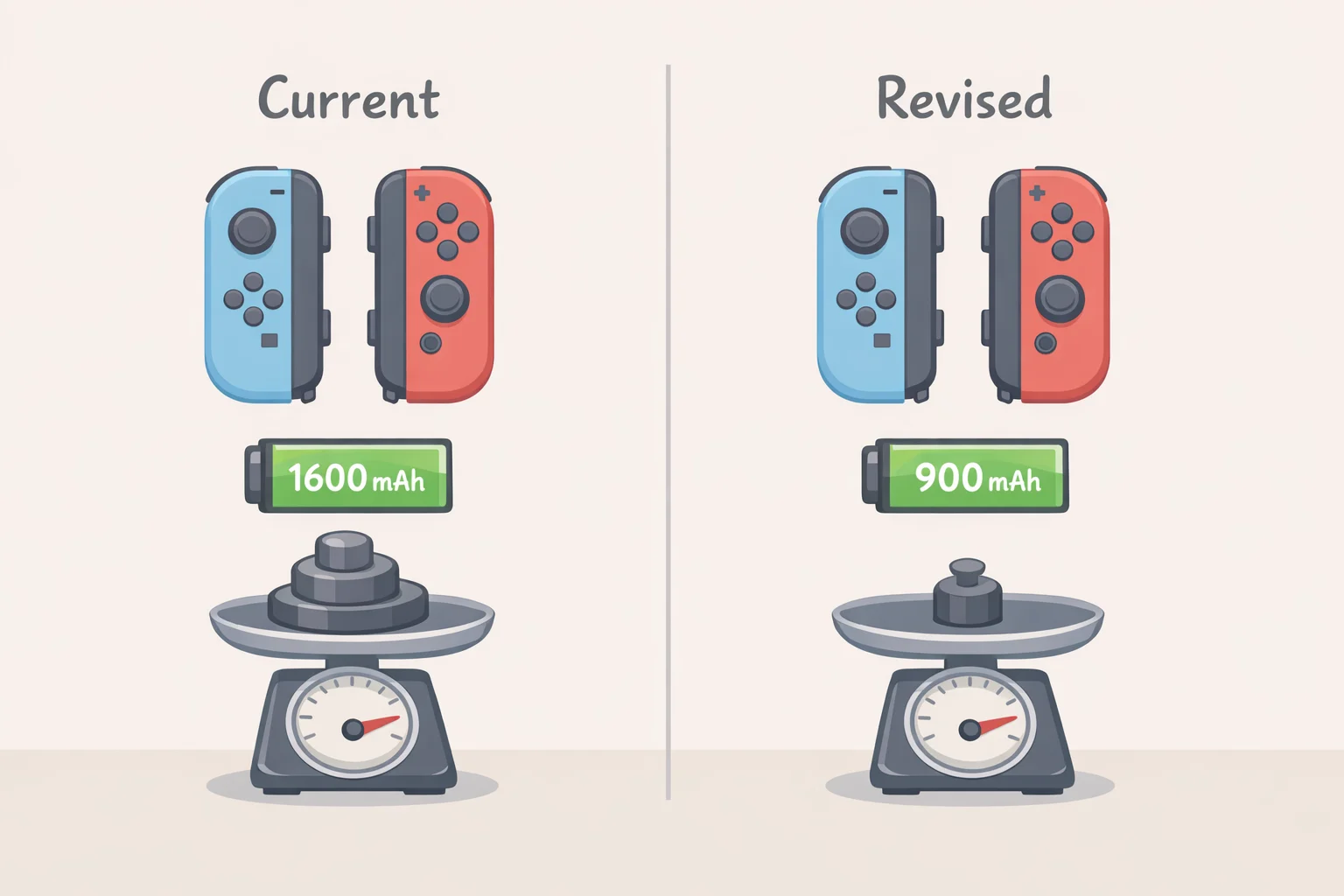 Side-by-side comparison graphic of current vs revised Joy-Con 2 showing reduced battery capacity (1,070mAh to 897mAh) and small weight change
