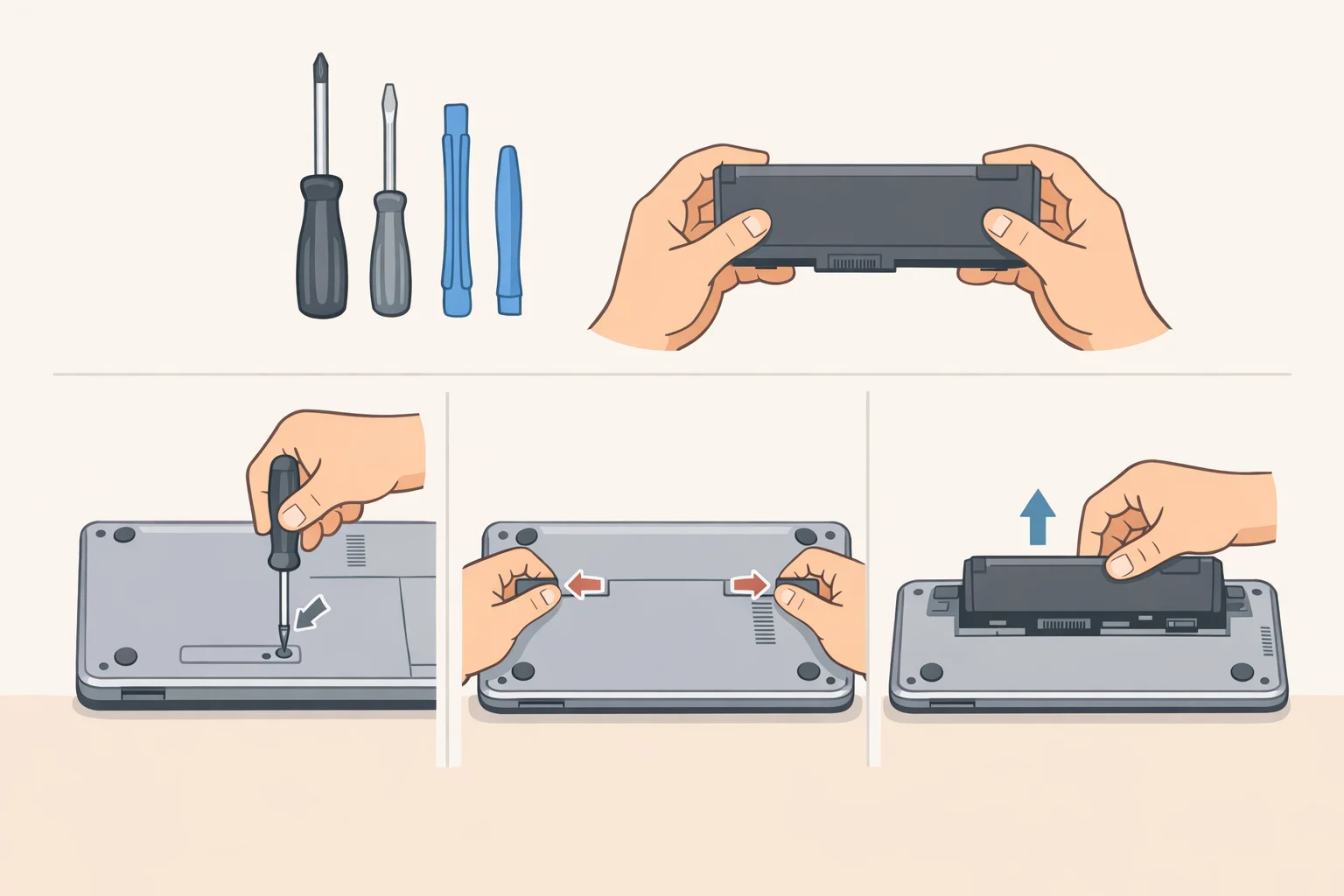 Diagram showing a compliant revised Switch 2 (OSM) battery accessible with standard tools and no heat guns or adhesive solvents, emphasizing user-replaceable battery access