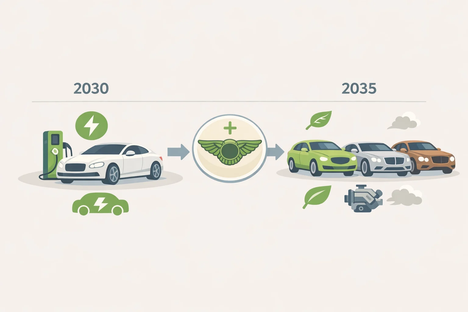 Timeline graphic showing Bentley's Beyond100 Plus target moving from 2030 to 2035, with the Torcal launching as a supplemental EV alongside combustion and plug-in hybrids
