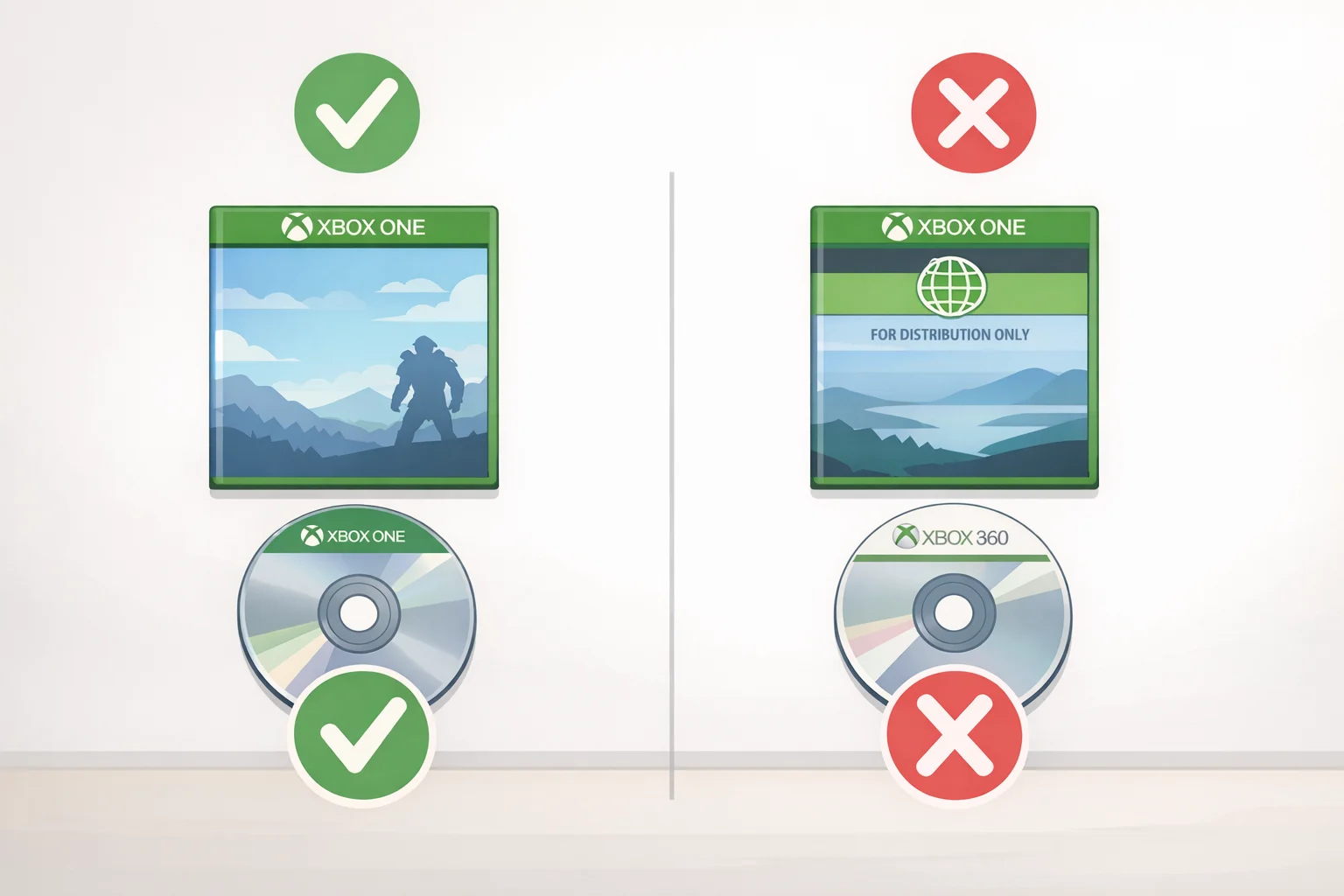 Illustration of Xbox One discs labeled as eligible or not eligible for Disc2Digital conversion, showing gaps in a library where some games convert while others still require a disc drive.