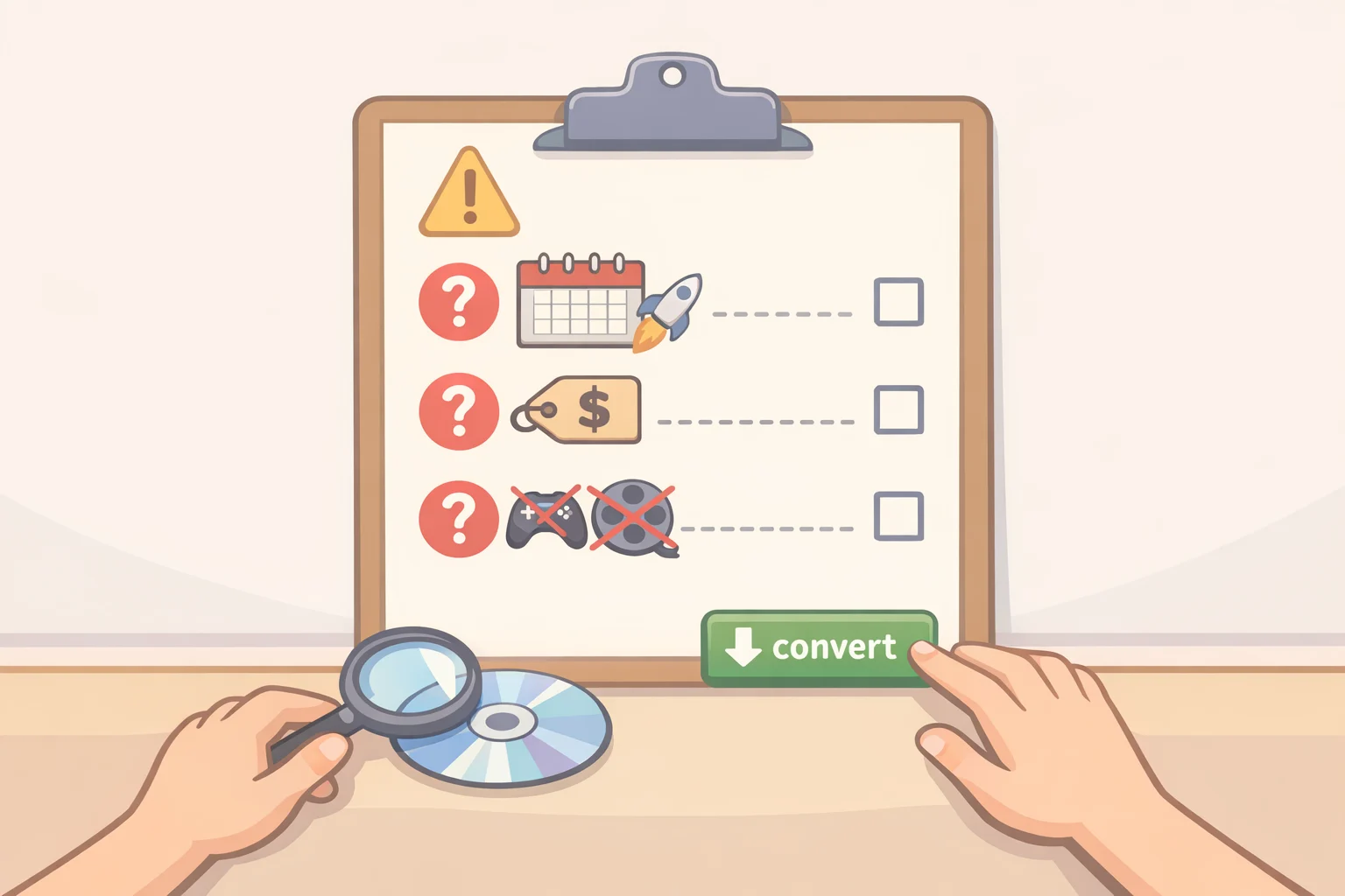 Illustration of a Disc2Digital readiness checklist highlighting unknowns like launch date, pricing, eligible disc list, and conversion hardware path for Project Helix.