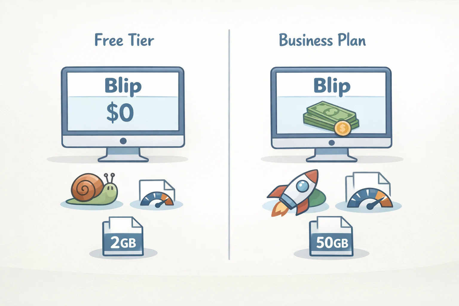 Infographic-style comparison showing Blip personal free tier versus the business plan, including priority speeds for internet transfers and other limitations