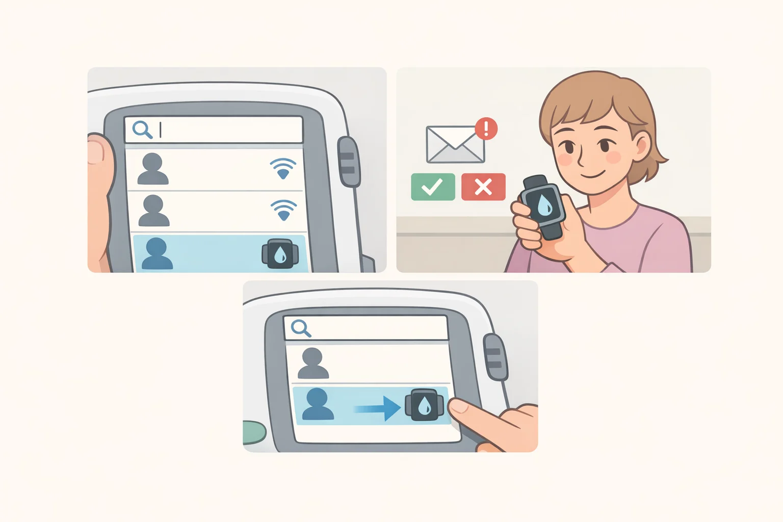 Illustration of Blip's recipient search where a sender selects a recipient device, triggering a notification that requires manual acceptance