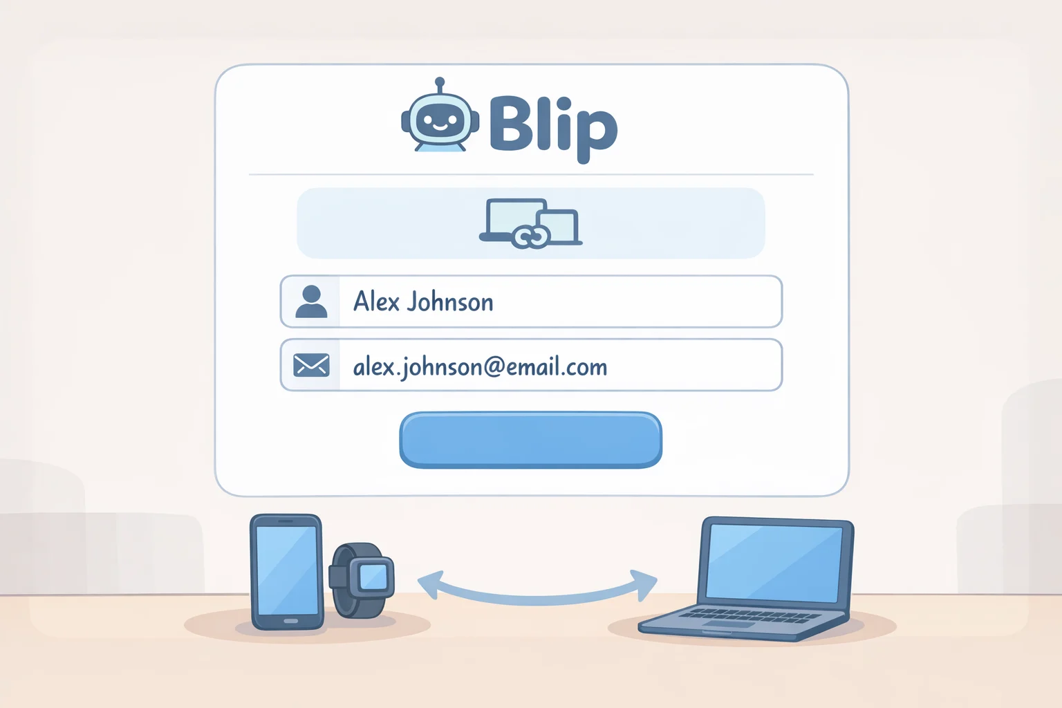Screenshot-style view of Blip's account setup where a user types their name and email to link a cross-platform file sharing app for Android devices