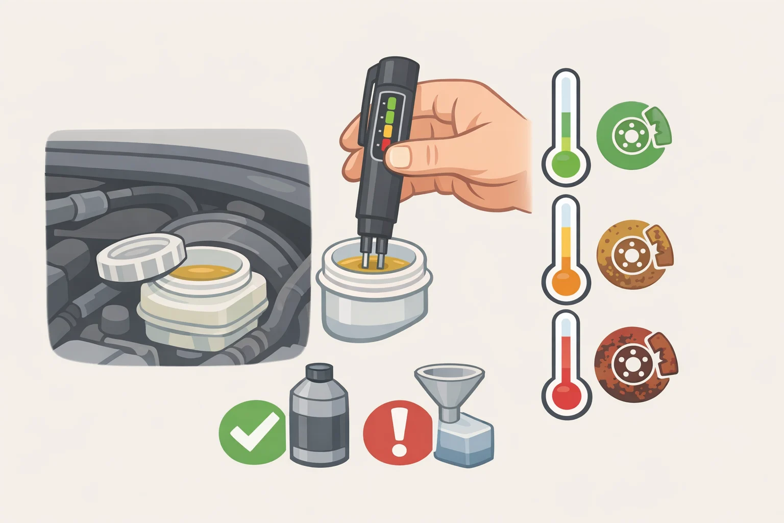 Illustration of a technician performing a brake fluid moisture test and interpreting the result to decide on flushing to prevent corrosion in calipers and ABS modulator valves