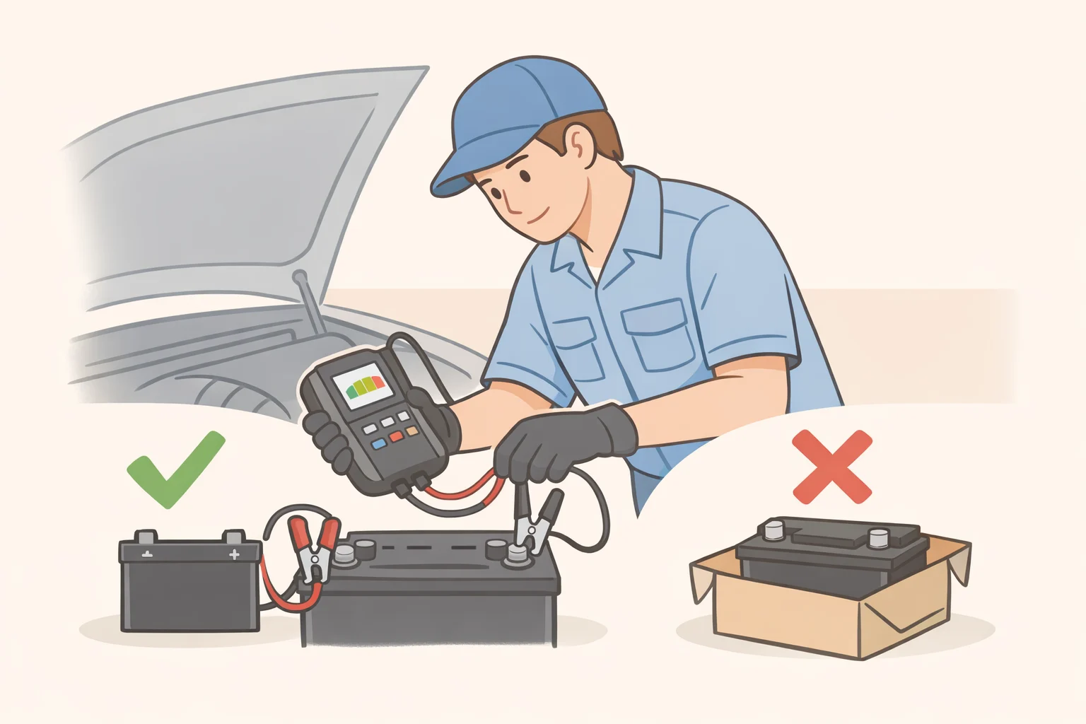 Illustration of a mechanic connecting a battery tester and displaying conductance/load test results to decide if the battery should be replaced