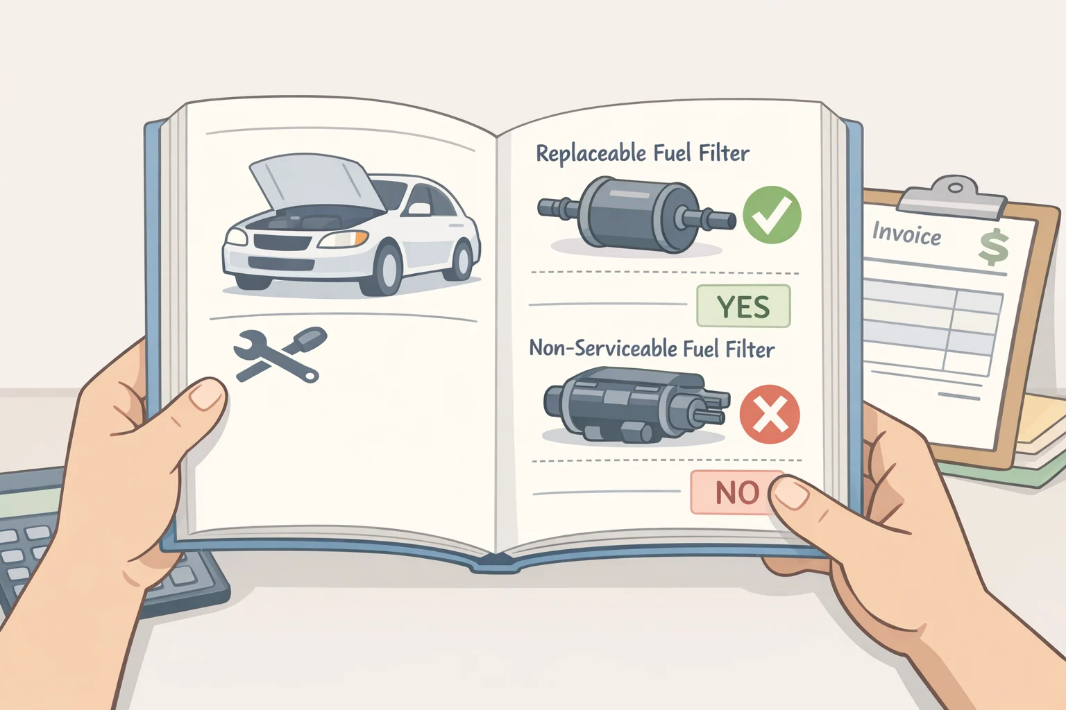 Diagram of a fuel filter location alongside an open owner's manual page showing whether the fuel filter is serviceable, relevant to car parts to replace at 30,000 miles only when the manual lists maintenance