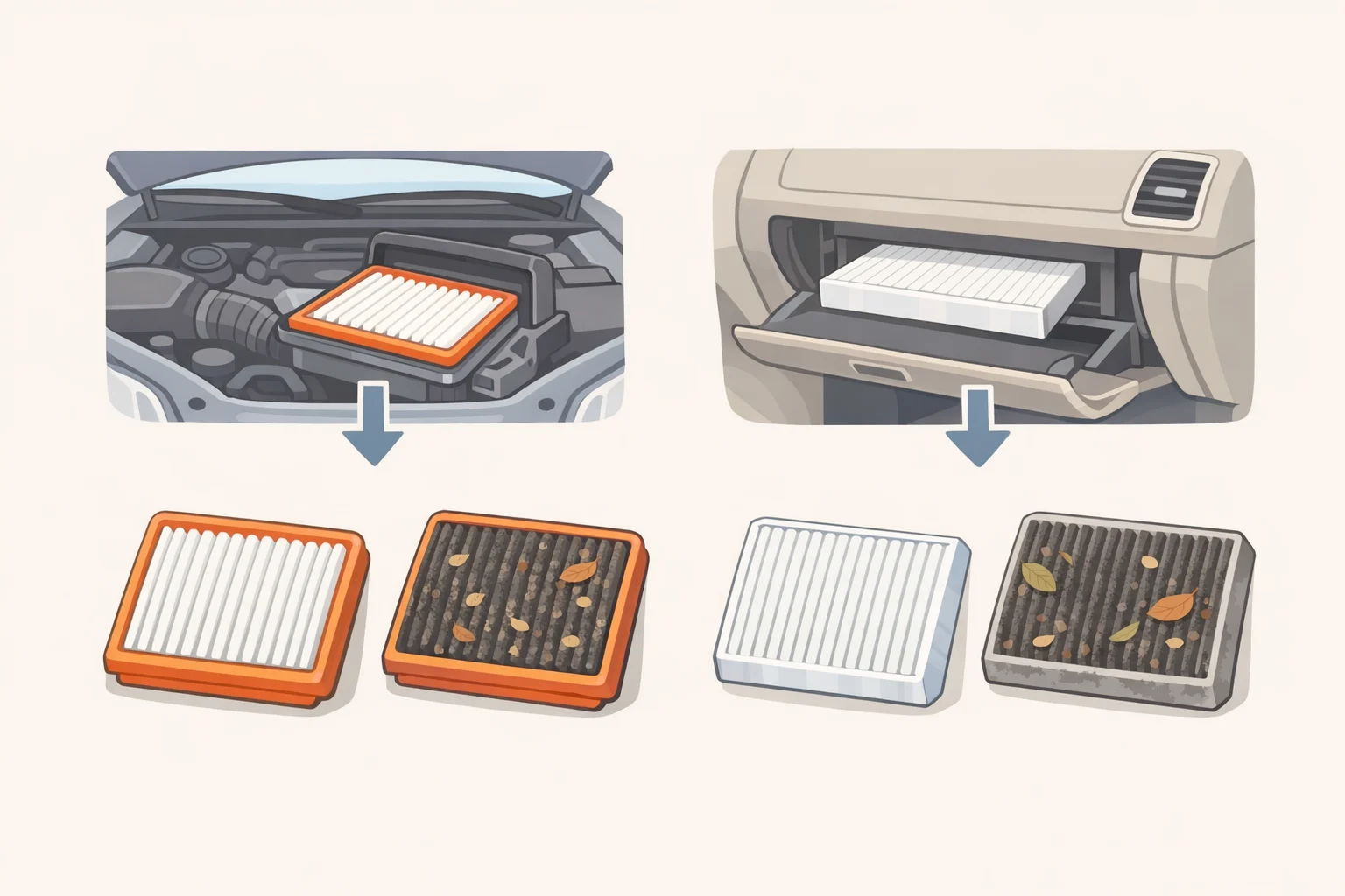Close-up illustration comparing a clogged engine air filter in the engine bay and a dirty cabin air filter behind the glove box that can affect airflow and visibility