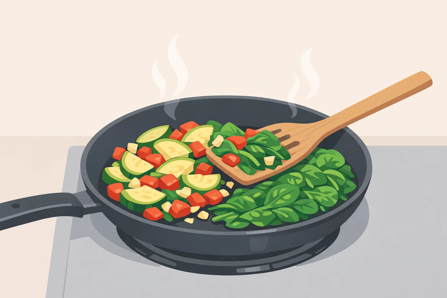 Skillet scene with zucchini and red bell pepper crisp-tender, garlic fragrant, and baby spinach just wilted, emphasizing that no broth or water is added