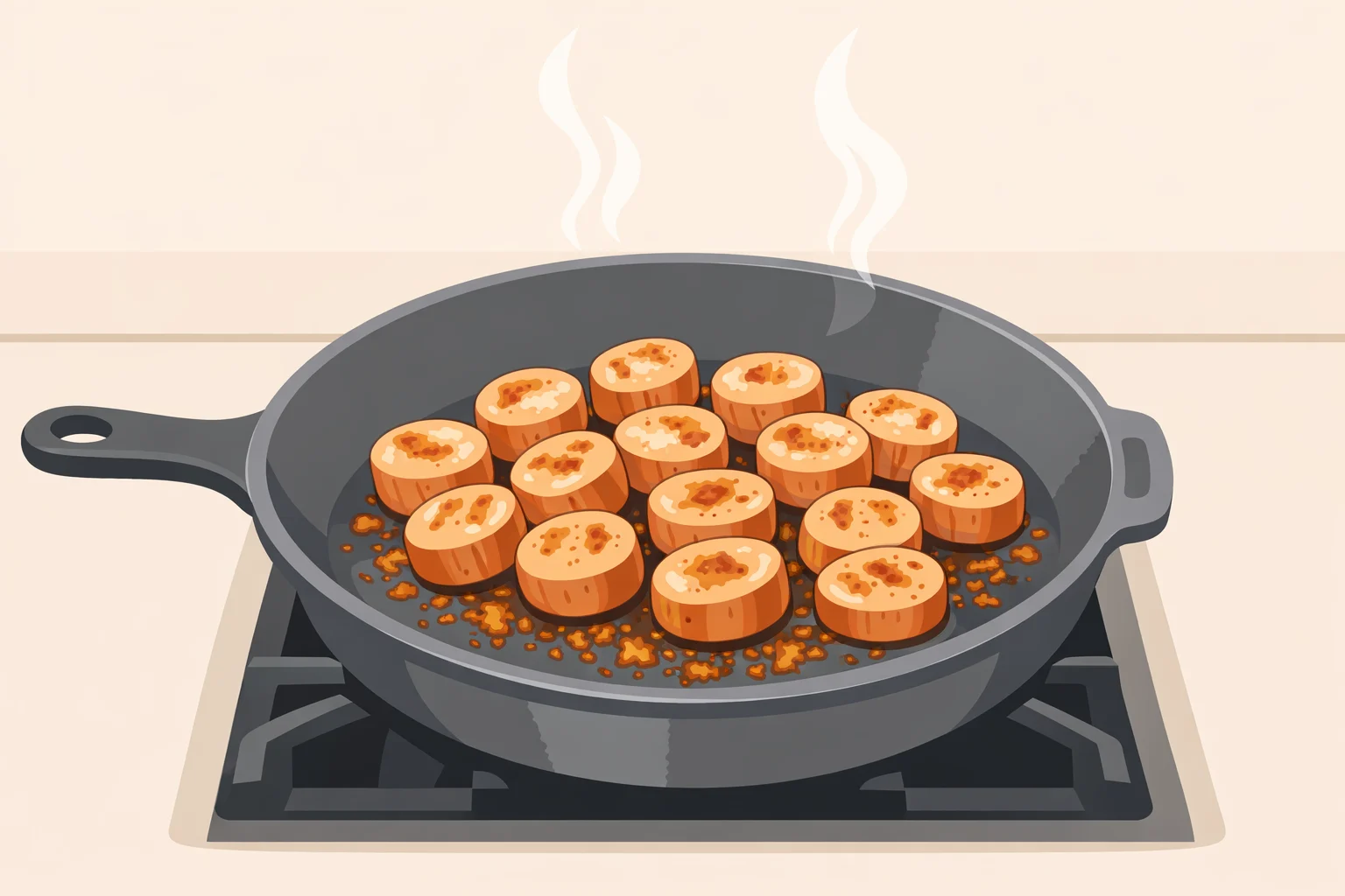 Close-up of sliced chicken sausage in a hot ovenproof skillet browning to golden color with flavorful browned fond left behind