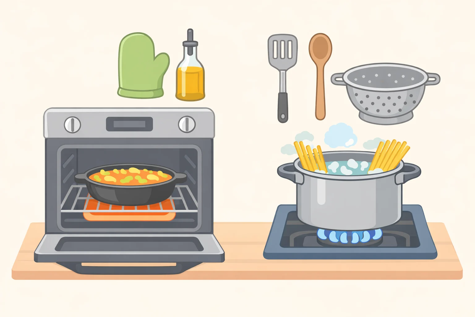 Photo setup for the summer bowtie pasta and chicken sausage skillet bake showing a high-sided ovenproof skillet ready for stovetop-to-oven cooking and a pot for par-cooking farfalle