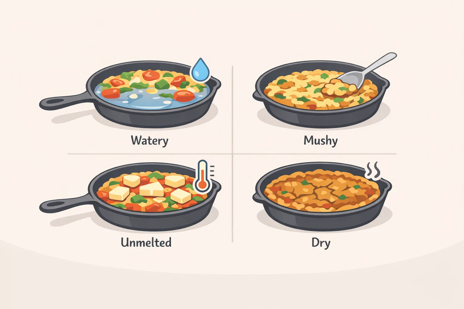 Side-by-side comparison of a watery, mushy, pale-cheese, and dry baked pasta skillet so readers can match symptoms to fixes