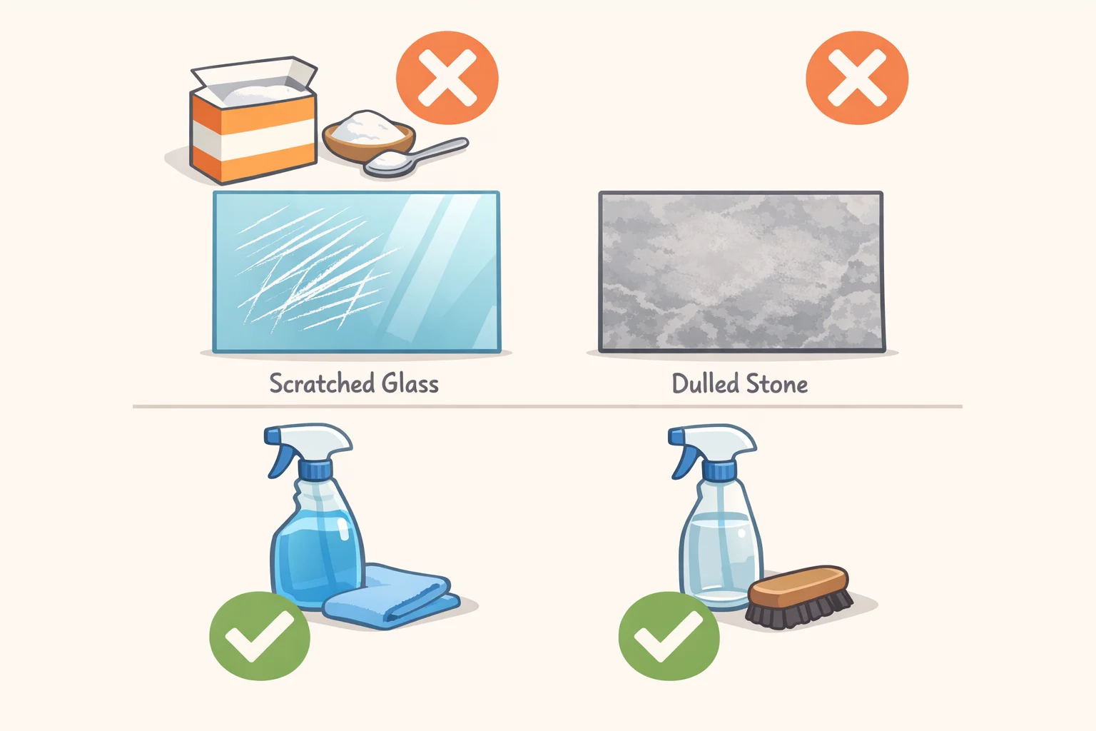 Illustration showing scratched glass and dulled marble from baking soda abrasion, alongside recommended pH-neutral stone cleaner and screen-safe products