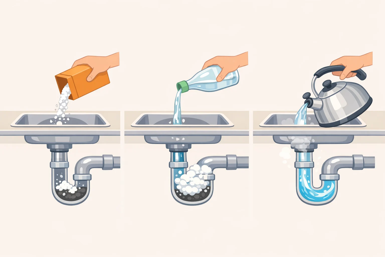 Illustration of pouring baking soda into a kitchen drain, following with white vinegar to create foam, then flushing the drain with hot water