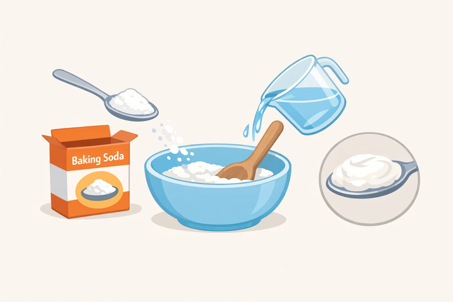 Illustration of mixing baking soda and water into a thick paste in a small bowl before applying to a countertop