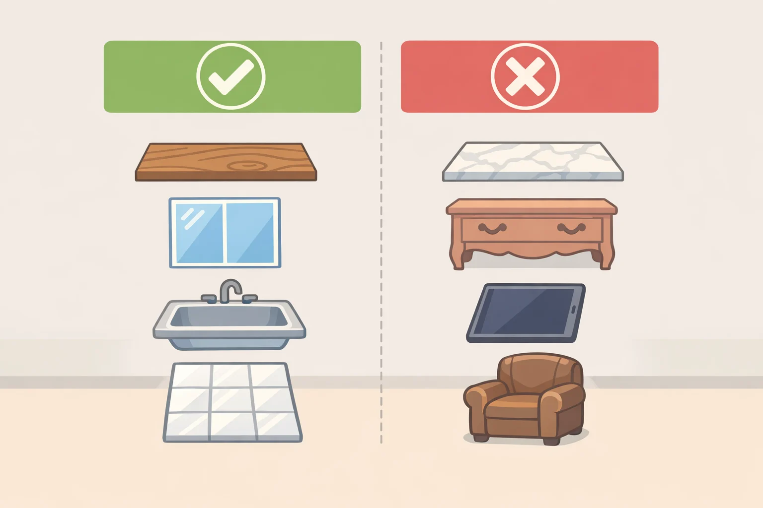 Checklist illustration for deciding how to clean with baking soda around the house by material type, showing which surfaces are safe and which should be avoided