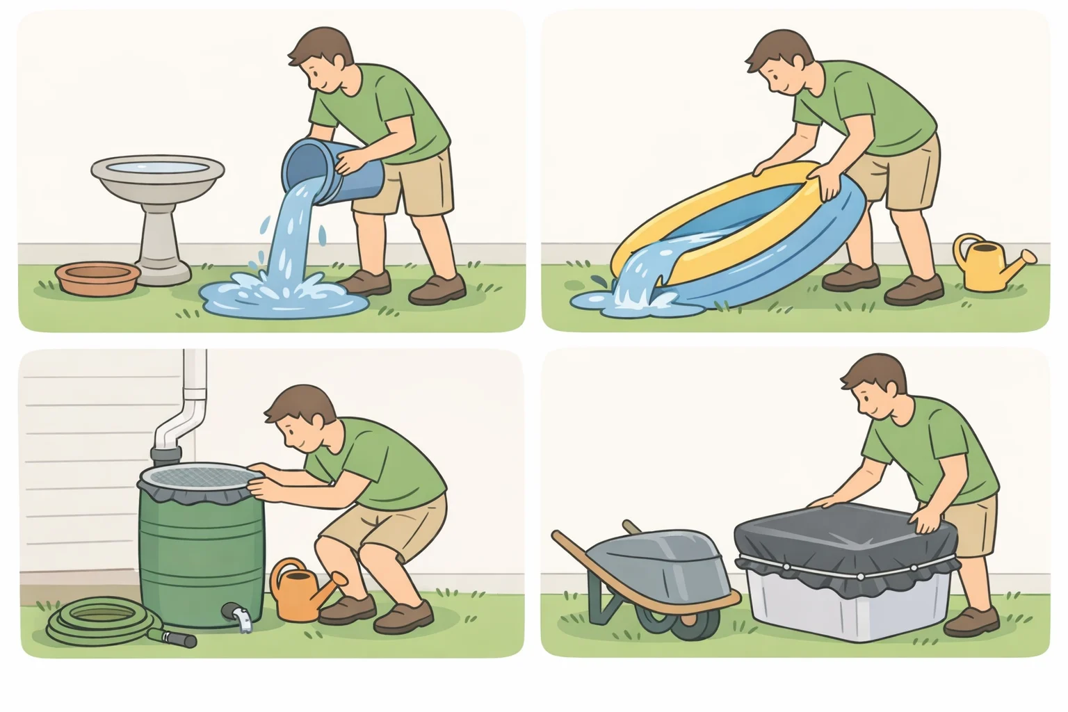 Checklist-style illustration of weekly actions to eliminate standing water (scrubbing, turning over, covering) and applying an EPA-registered skin repellent for protection, with a small callout referencing mosquito repellent plants as not effective for yard control