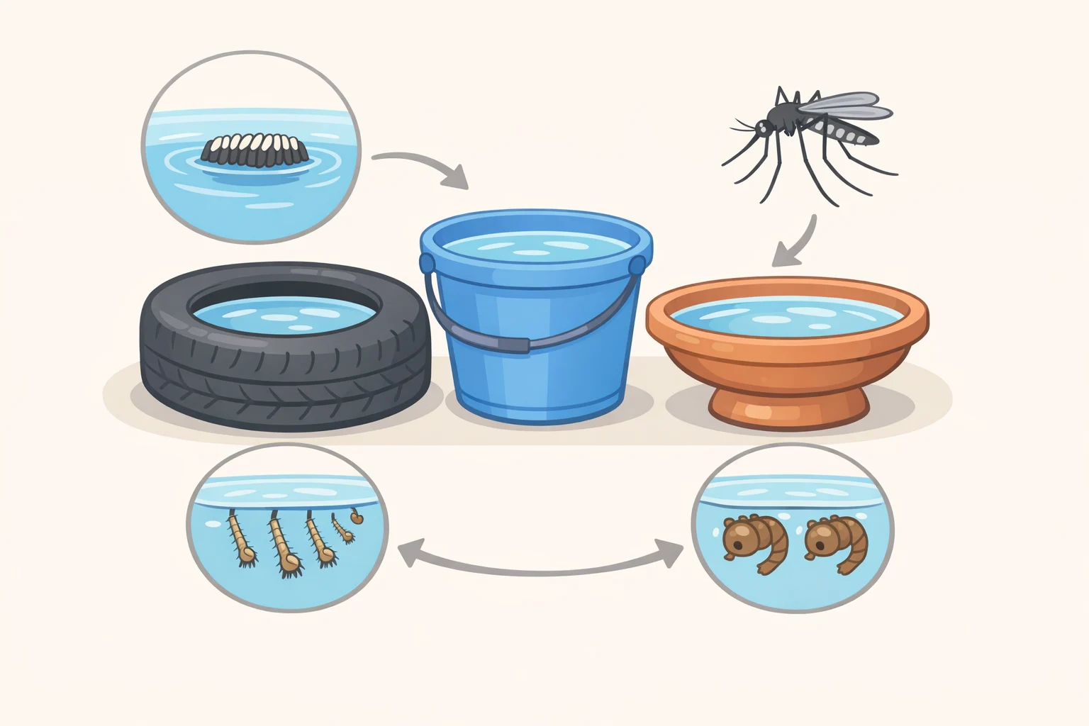 Life cycle diagram of mosquitoes developing from eggs to biting adults in standing water such as plant saucers and bottle caps, emphasizing the need to remove water rather than rely on mosquito repellent plants