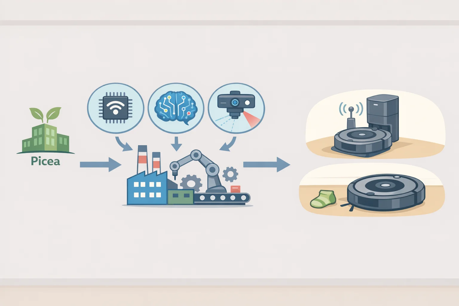 Diagram illustrating how Picea Robotics supplied enabling tech for iRobot's new Roombas, including electrolyzed-water disinfection and LiDAR-based navigation