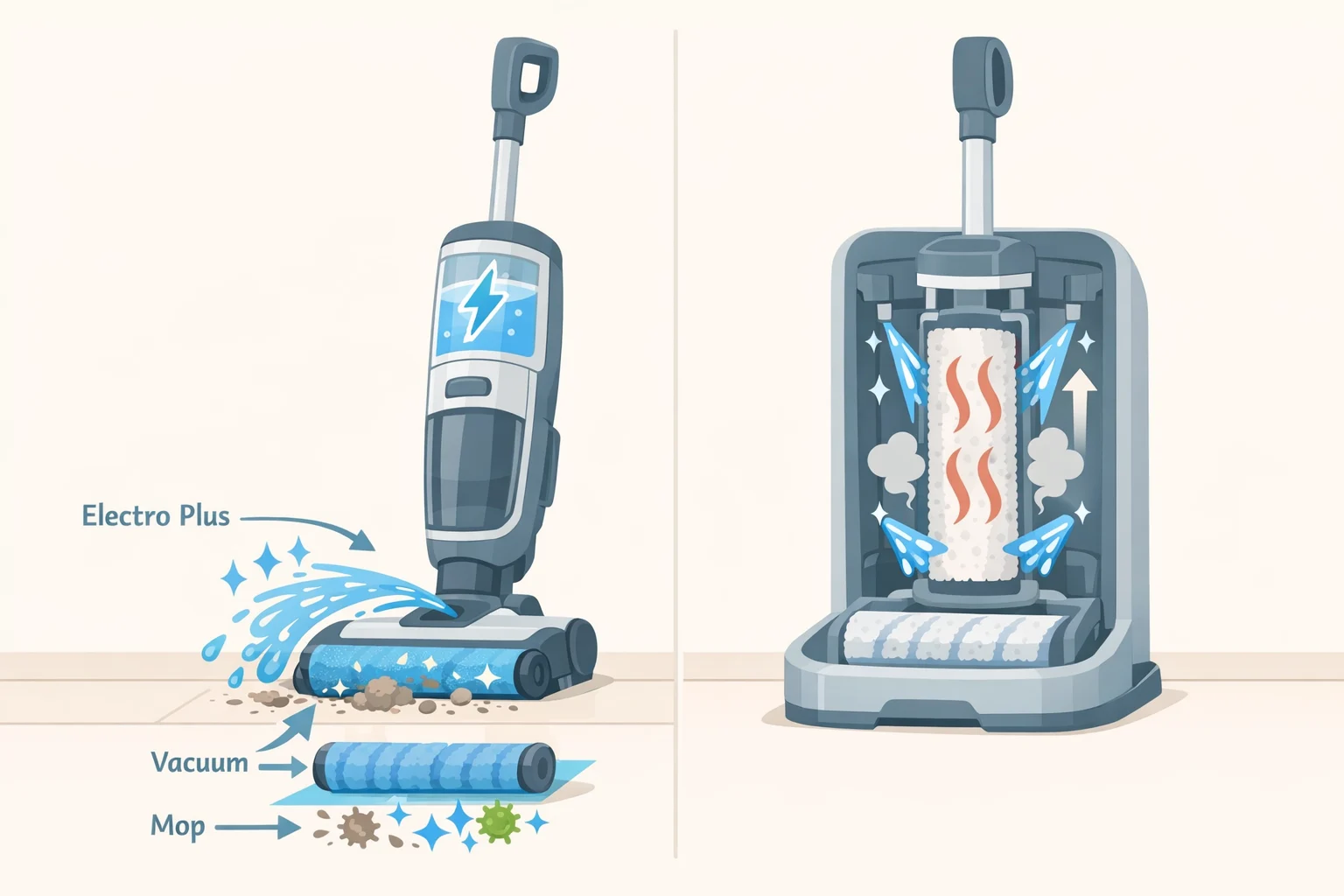 Illustration of the iRobot new Roombas 2026 Electro Plus handheld cleaner using electrolyzed water to disinfect while vacuuming and mopping, with the roller mop washed and dried in the dock