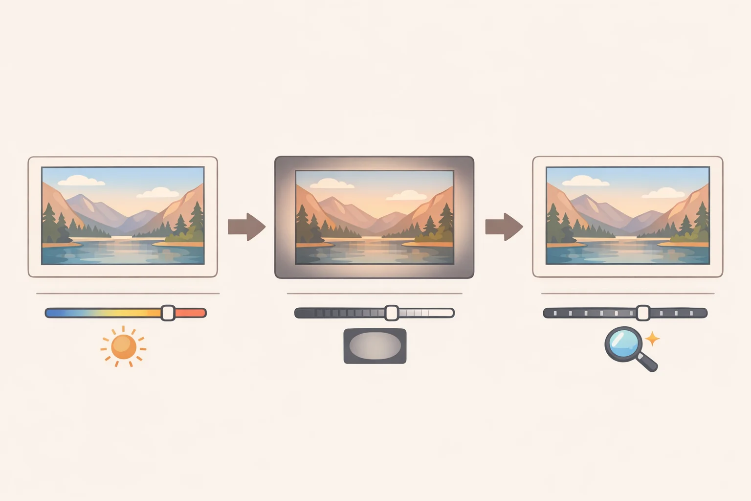 GIMP filter and color adjustment panels showing Color Temperature, Vignette, and Unsharp Mask configured conservatively for a natural aged-photo finish