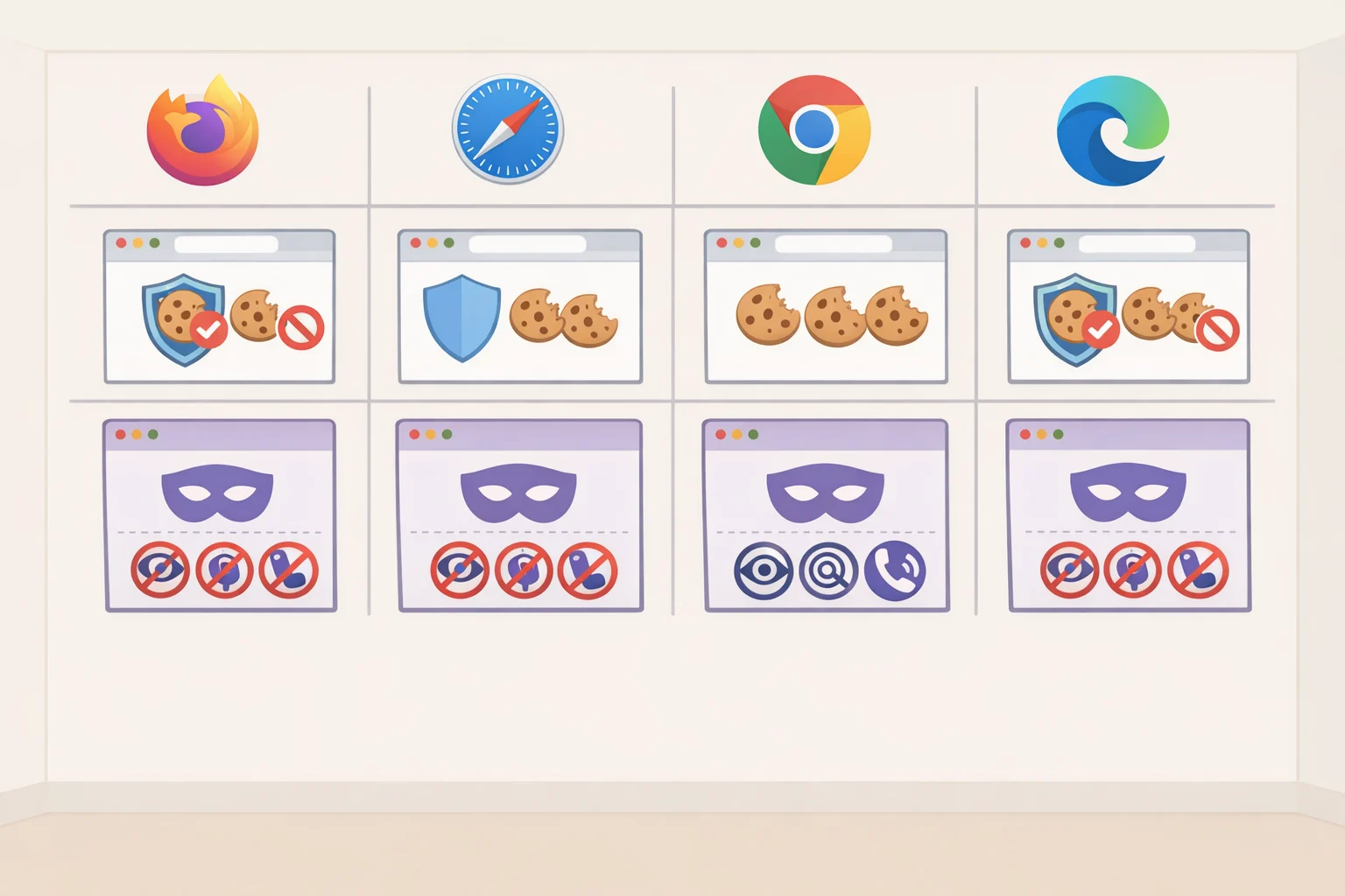 Illustration showing Firefox, Safari, Chrome, and Edge with different icons for third-party cookie blocking and tracker protection in private browsing