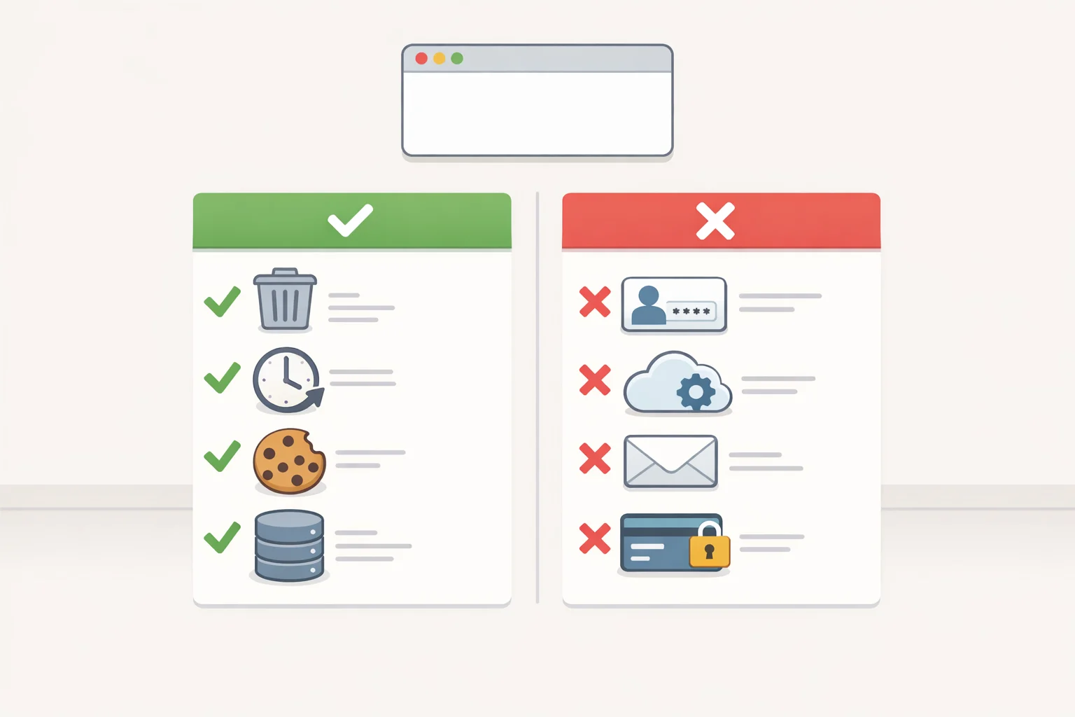 Illustration comparing what private mode clears (history, session cookies, cached files) versus what it does not clear (downloaded files, bookmarks, saved passwords, and account activity)
