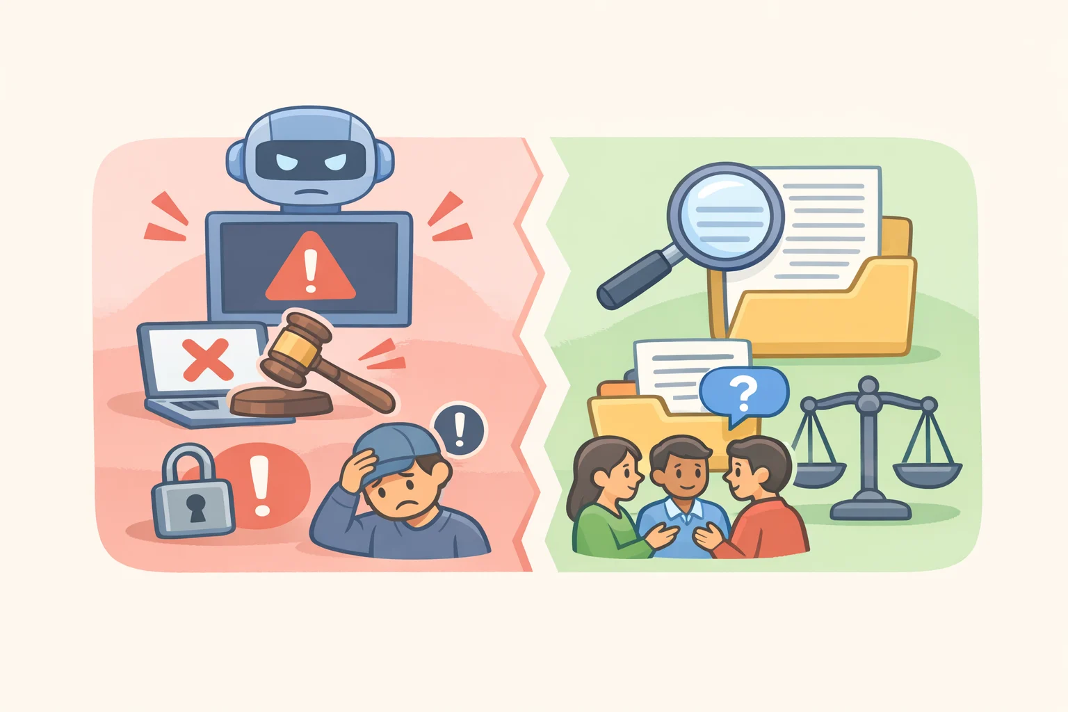Illustration comparing AI-driven content moderation benefits with a failing accountability checklist for transparency, audit trails, and due process safeguards