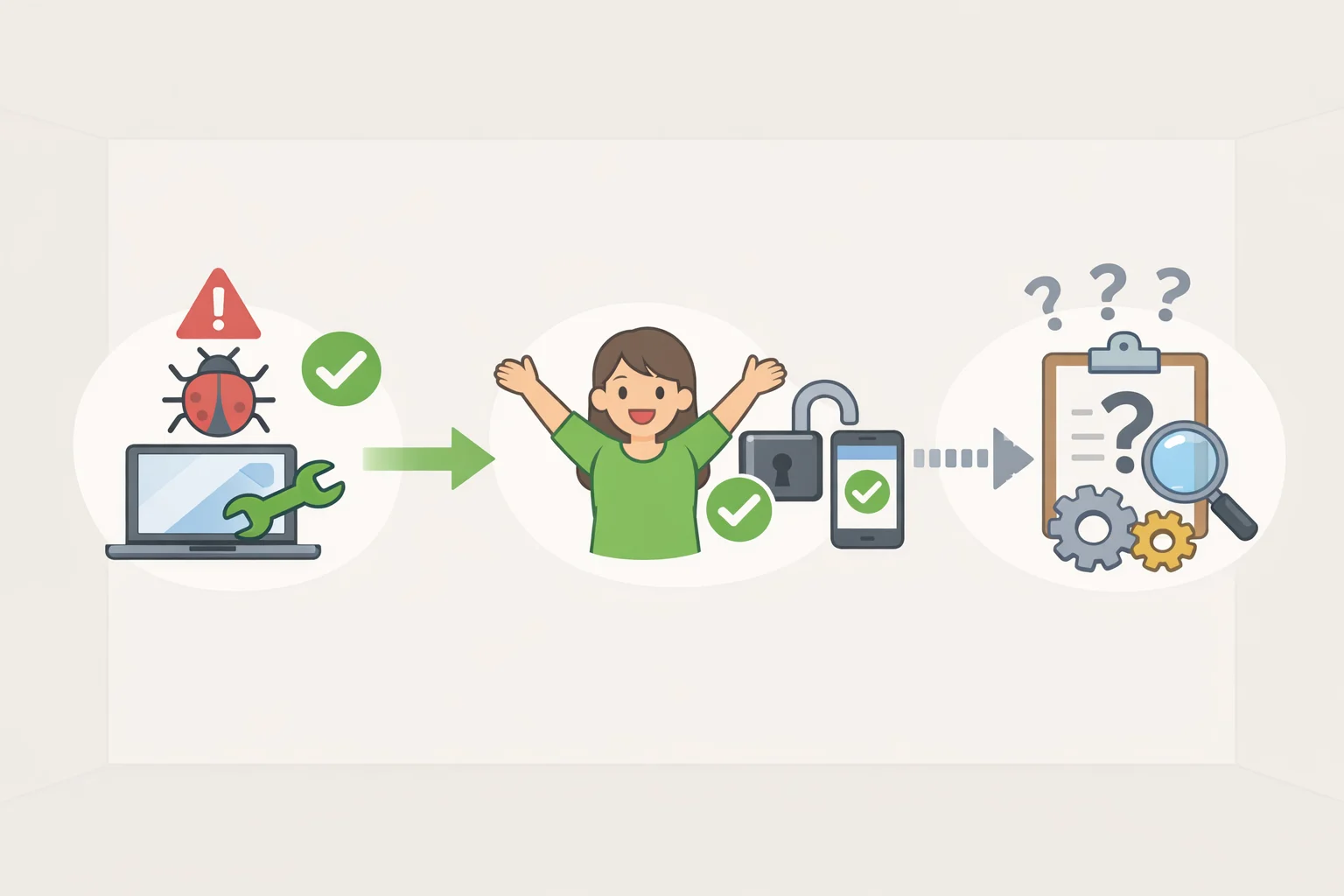 Illustration timeline of Discord identifying and patching the AI moderation bug, unbanning users, and leaving unanswered questions about technical root cause and independent reversal verification