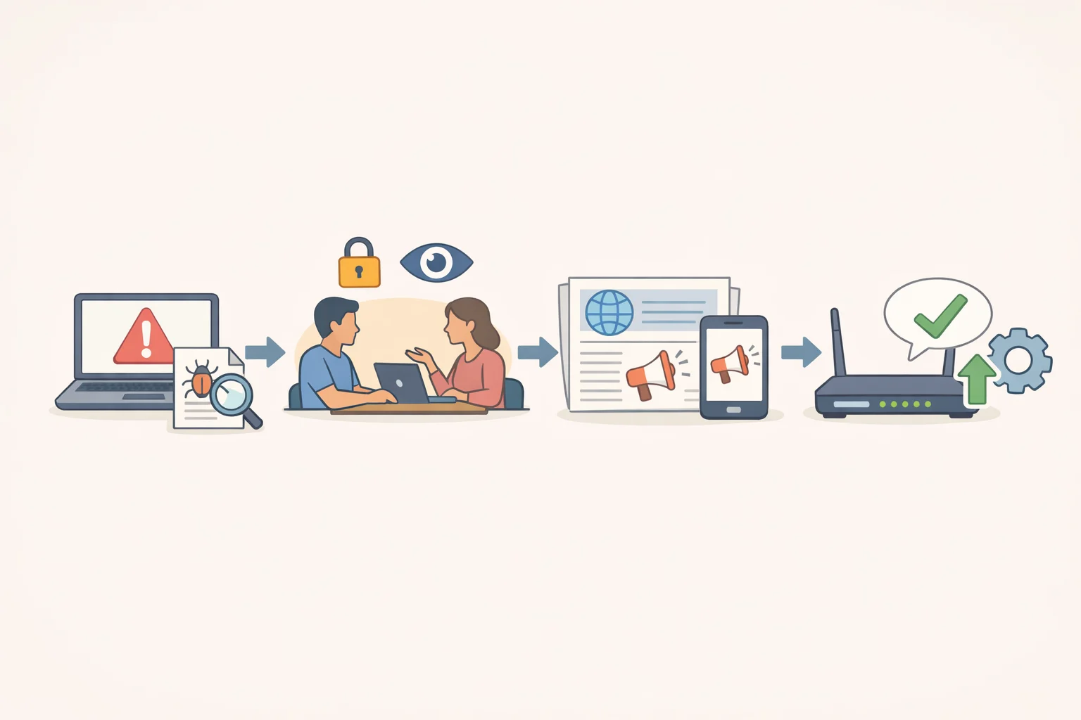 Illustrated timeline connecting EFF’s March disclosure about defeating the privacy LED to subsequent media coverage and Meta’s updated camera-disable behavior