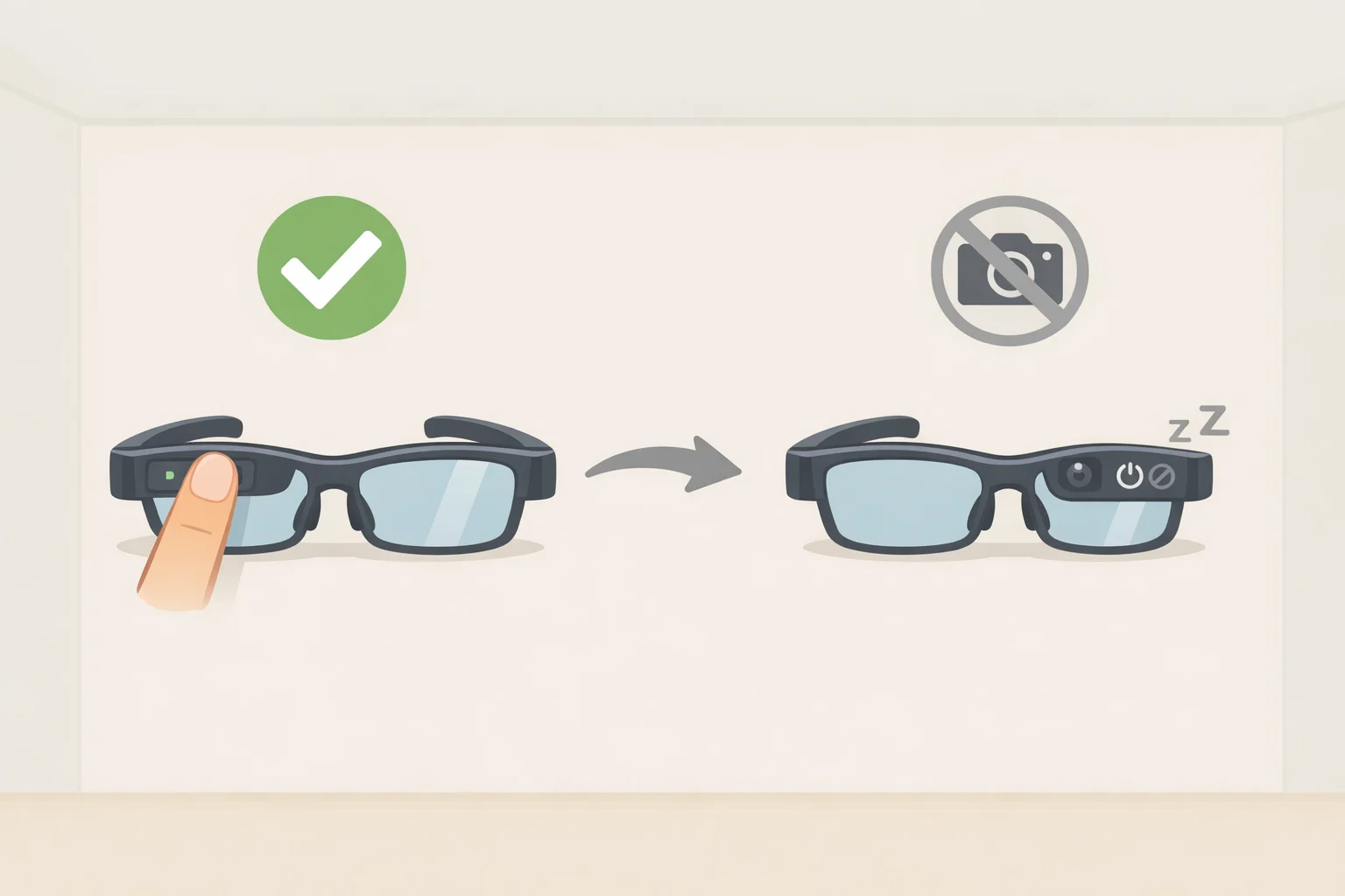 Close-up illustration of Meta AI glasses where the capture LED is covered and the camera icon indicates recording is disabled until the LED is unblocked; keyword: Meta smart glasses camera disable privacy light tampering