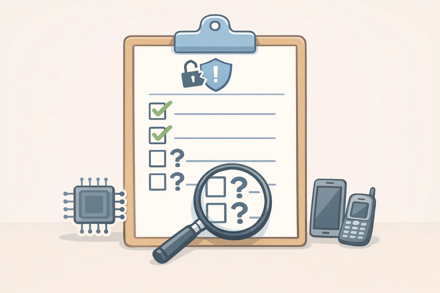 Illustration of a review checklist with boxes labeled for unverified enforcement method, unresolved first-generation coverage, and unanswered facial recognition roadmap