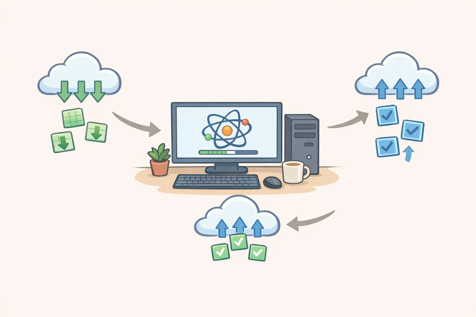 Illustration of how volunteer computing works: a PC downloads scientific calculation tasks, runs them while idle in the background, and uploads results for research