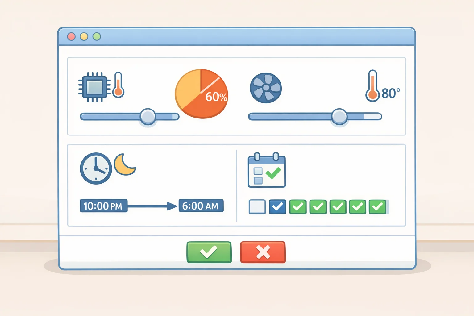 Illustration of a BOINC setup wizard where a user configures a CPU usage cap, confirms running only when connected to power, and schedules activity during off-hourspart of how to donate computer power to scientific research