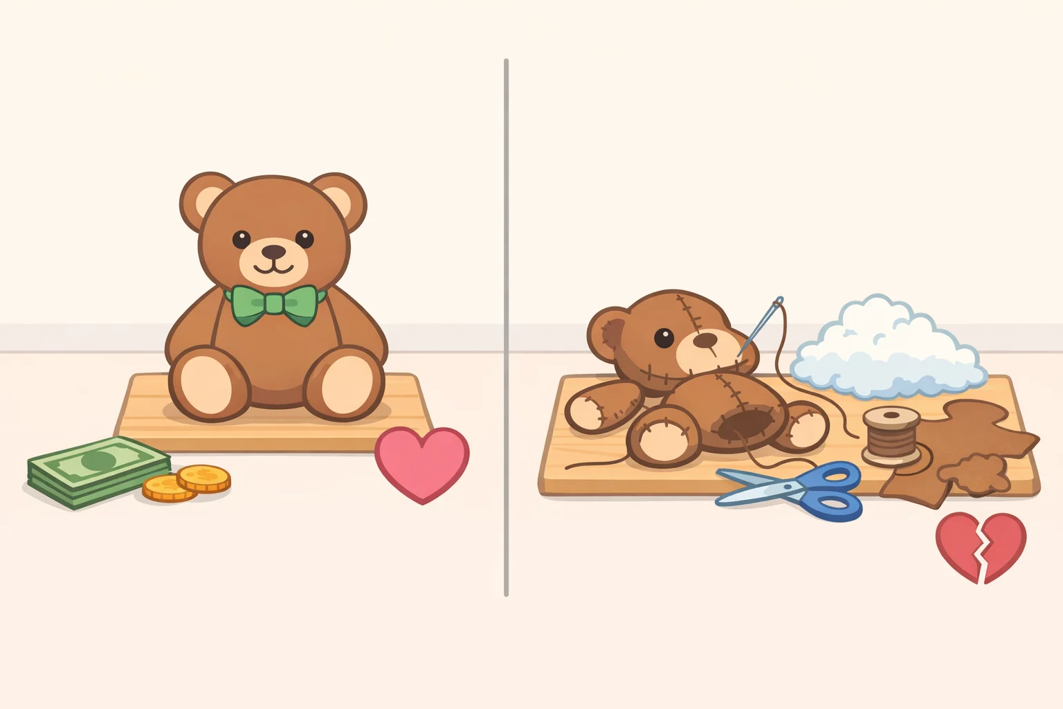 Illustration of two knitting or craft projectsone fully completed sweater on the right and one unfinished project in a drawer on the leftshowing higher perceived value and ownership for the completed item
