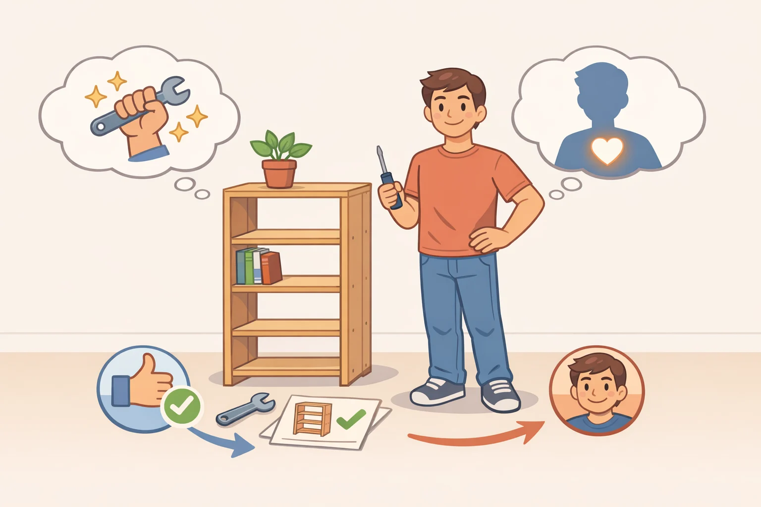 Diagram of a completed DIY item with surrounding icons for ownership, competence, and identity, explaining how successful completion inflates perceived value