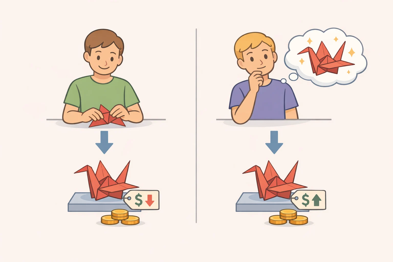 Side-by-side chart showing origami cranes and frogs rated and priced by makers versus non-makers, illustrating the maker-observer gap central to IKEA effect psychology