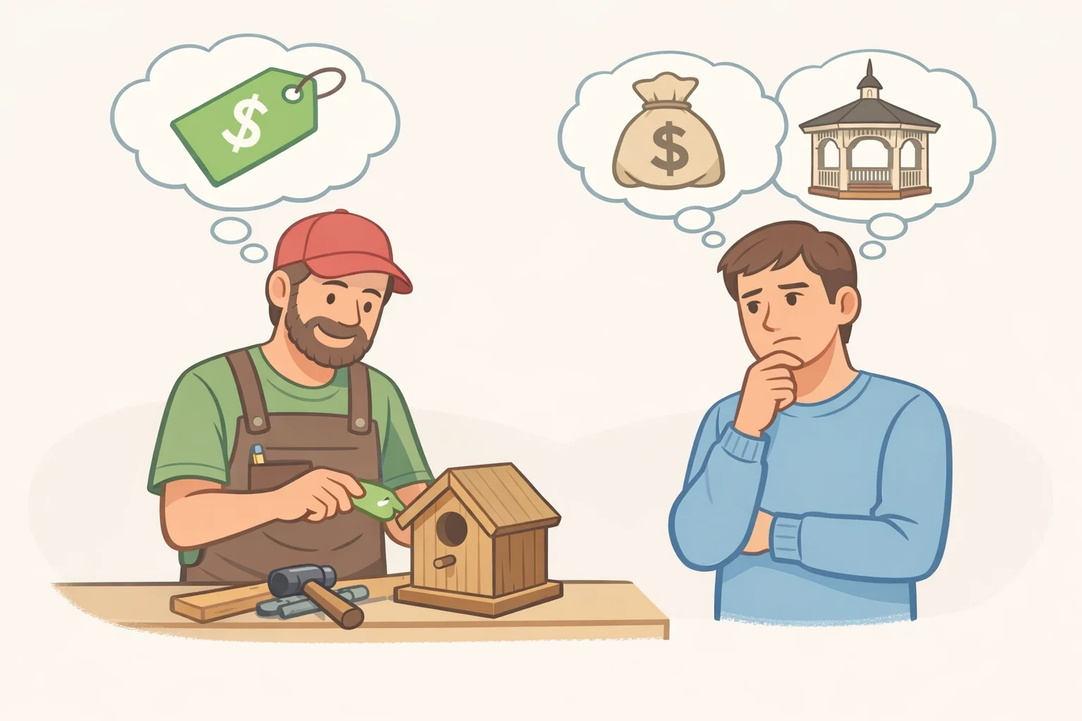 Illustration of a person selling a handmade product with a higher price tag compared to a buyer evaluating it like an outside alternative, highlighting the information gap that drives overpricing