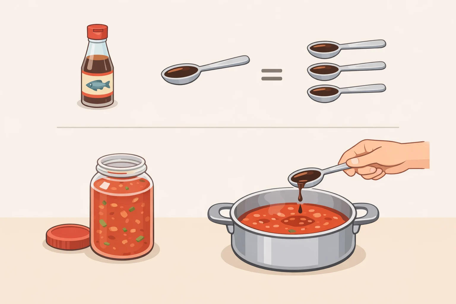 Close-up measuring fish sauce for how to make spaghetti sauce more flavorful: 1 teaspoon stirred into a 24–25 oz jar before tasting, with an extra teaspoon only if the sauce still tastes flat