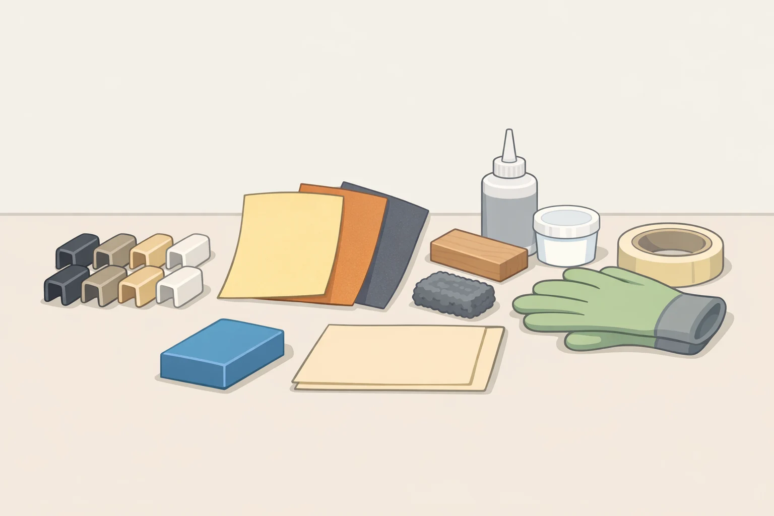 Illustration of vinyl tine caps, 100-grit and 220-grit sandpaper, an optional wire brush drill attachment, and a clear flat work area ready for repairing a rusted dishwasher rack