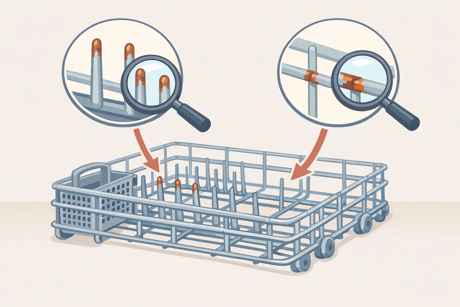 Illustration of a pulled dishwasher rack with arrows indicating how to test tine bending at the tips and bases and inspect the rack frame for warping or cracking before you decide how to repair a rusted dishwasher rack