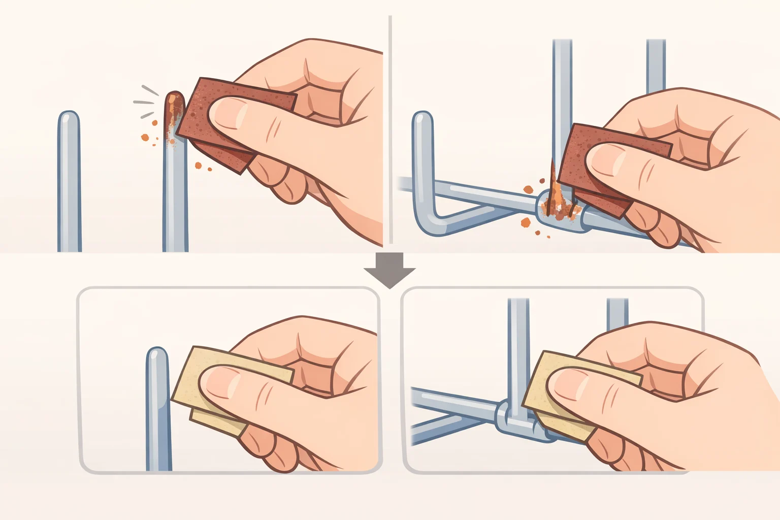 Step illustration of sanding a rusted dishwasher rack tine with 100-grit to remove bulk rust, then 220-grit to smooth edges so a vinyl cap can seat flush