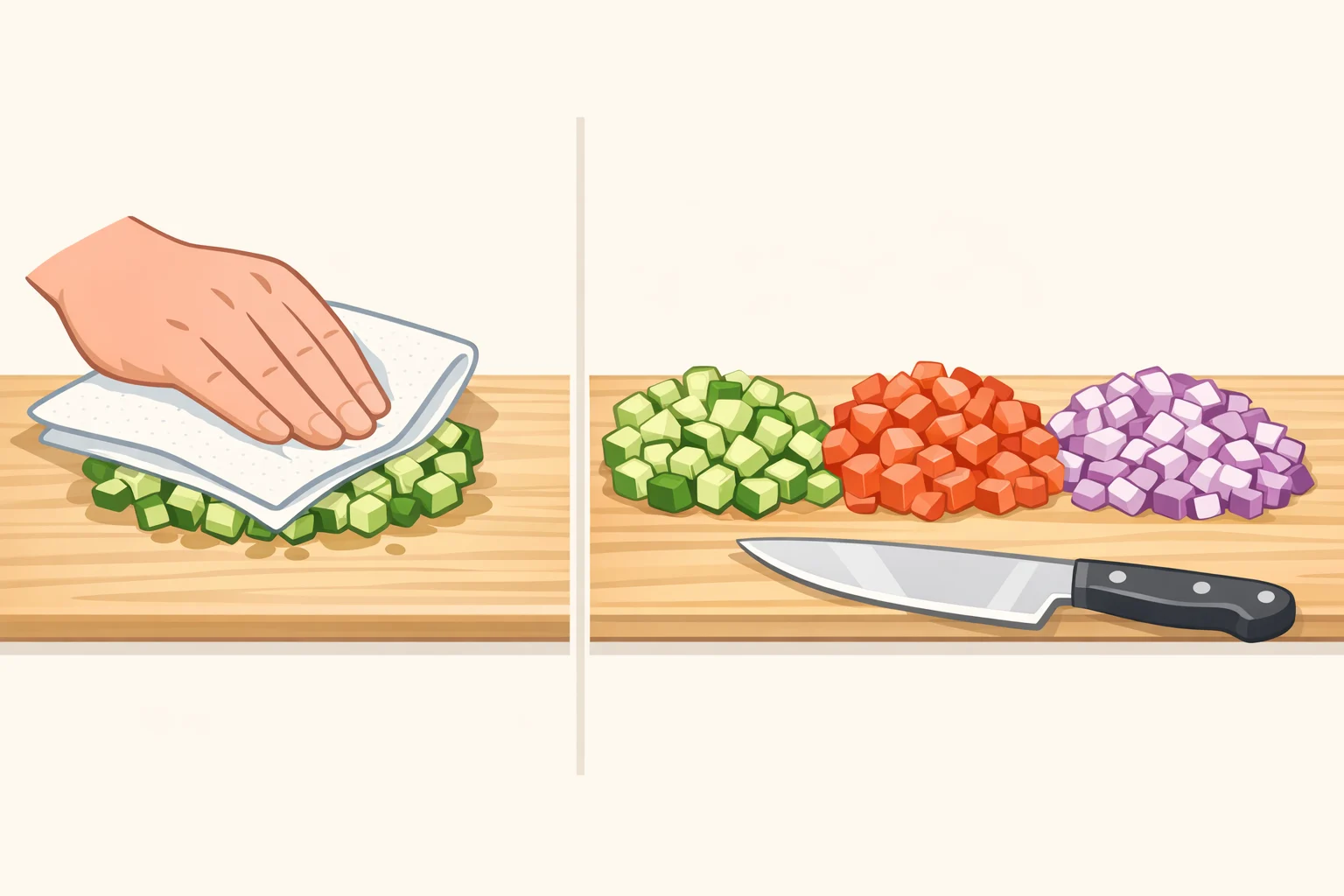Close-up of a cutting board with finely diced cucumber, Roma tomato, and red onion, with cucumber being patted dry with a paper towel to prevent watery chopped Greek chicken sandwich recipe filling