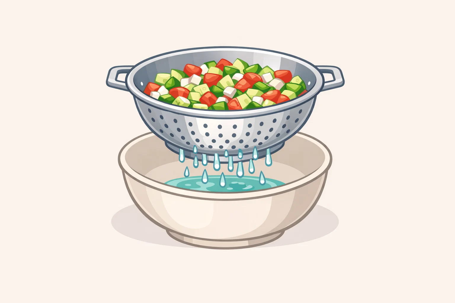 Illustration of chopped chicken and salad filling draining in a colander to fix watery filling caused by cut cucumber or tomato
