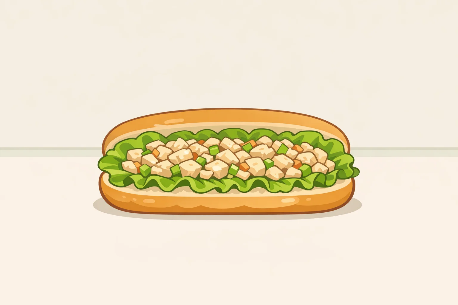 Illustration of butter lettuce leaves placed inside a hoagie roll and a tightly packed chopped Greek chicken filling spread from end to end to prevent sogginess and splitting