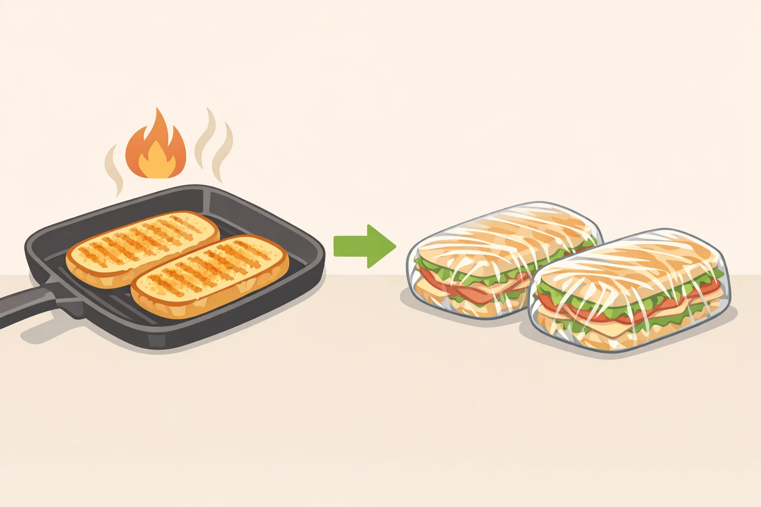 Illustration of a toasted ciabatta or hoagie roll filled with chopped Greek chicken sandwich filling, then wrapped tightly in plastic wrap for beach or park transport
