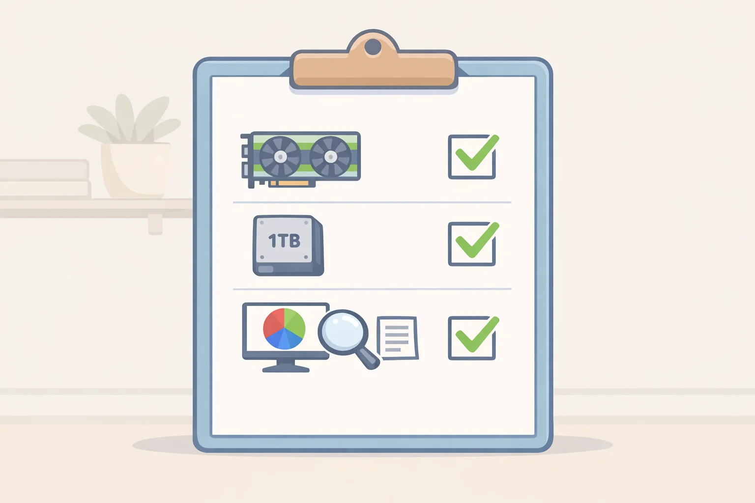 Illustration of a short buying checklist for a gaming laptopTGP confirmation, 1TB minimum storage, and sRGB color coverage verification using spec sheets or review measurements