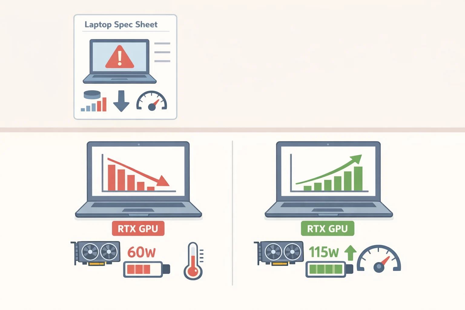 Illustration comparing RTX laptop TGP limitsshowing an RTX 5050 capped at 45W versus an RTX 4060 configured for 80–100Wso readers avoid throttled budget traps