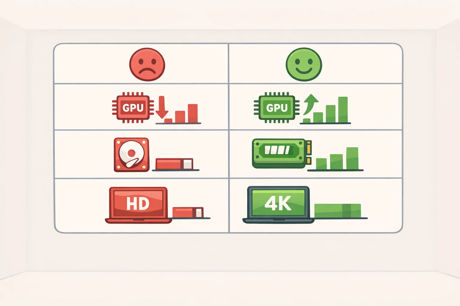 Comparison chart showing throttled budget tier specs versus better-configured midrange specs (GPU TGP, 1TB storage, and 90%+ sRGB/QHD) for a best value gaming laptop