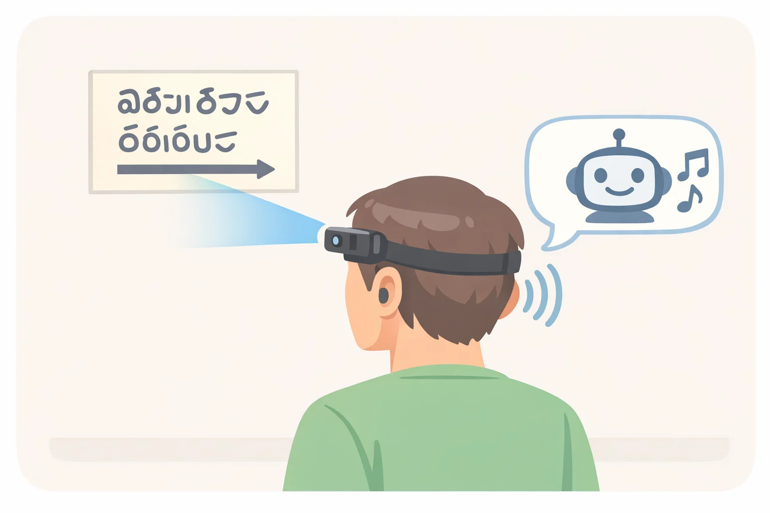 A wearable camera capturing a street sign or menu, with an AI assistant overlay translating the text and playing audio through the headphones